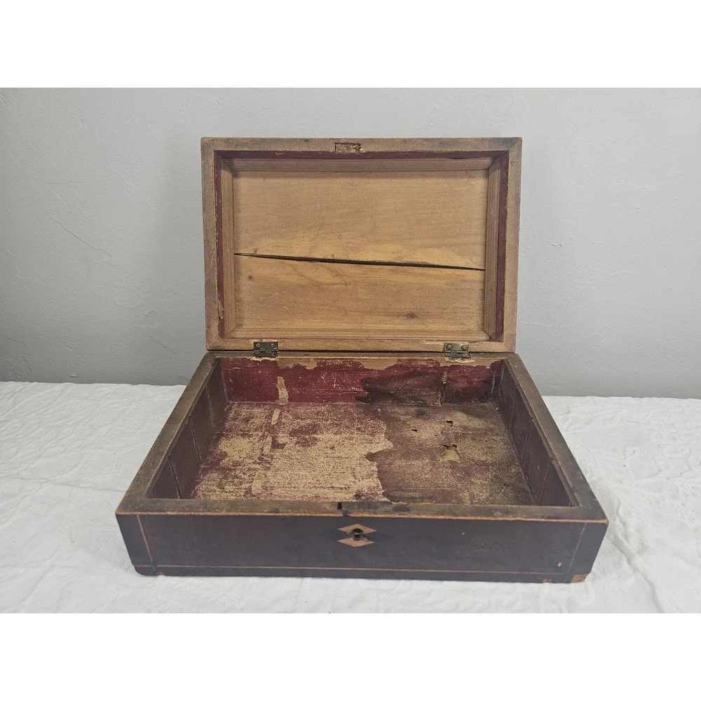 Antique Wooden Keepsake Box‎ Star Inlay Jewelry Trinket Storage Chest 1900s